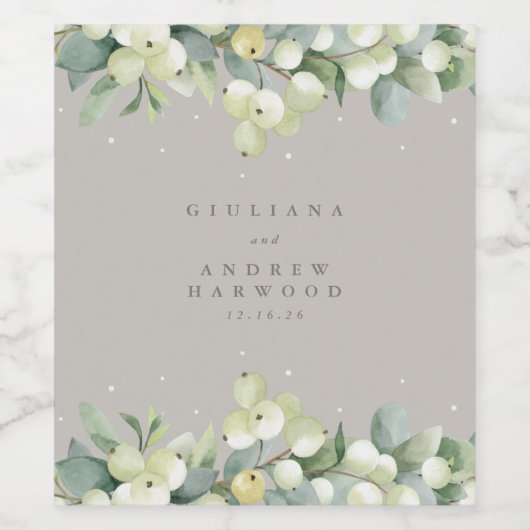 Greige Snowberry + Eucalyptus Winter bruiloft Wijn Etiket (Enkel label)