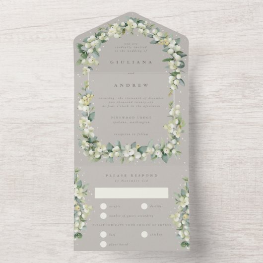 Greige / Taupe Snowberry + Eucalyptus Winter Weddi All In One Uitnodiging (Binnen)