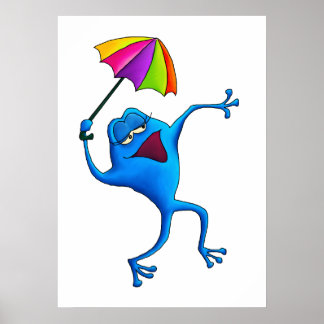 Grenouille à chants bleus avec affiche à parapluie