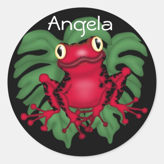 Grenouille Rouge Sur Sticker Rond Feuille Vert (Devant)