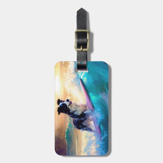 Grens Collie Beach Surfen schilderij Bagagelabel (Voorkant verticaal)
