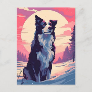 Grens Collie in het besneeuwde bos tijdens zonsond Briefkaart