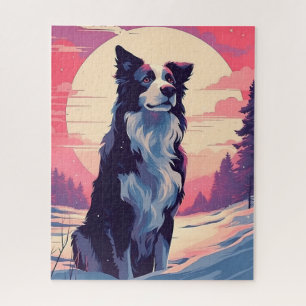 Grens Collie in het besneeuwde bos tijdens zonsond Legpuzzel