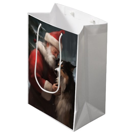 Grens Collie Met Sinterklaas Feestelijke Kerstmis Medium Cadeauzakje (Voorkant Gekanteld)