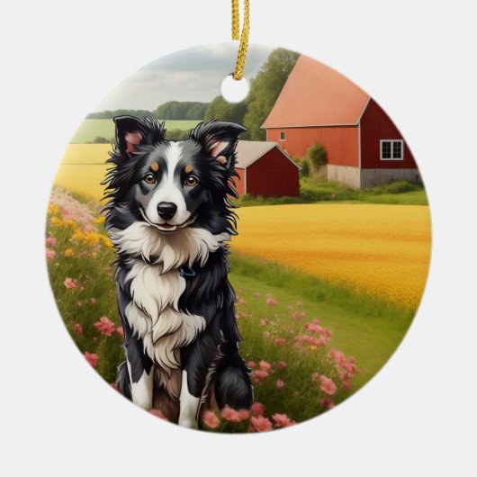 Grens Collie op Boerderij Keramisch Ornament (Voorkant)