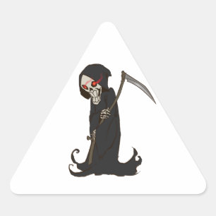 Grensgrim Reaper met Red Eyes Holding Scythe Driehoek Sticker
