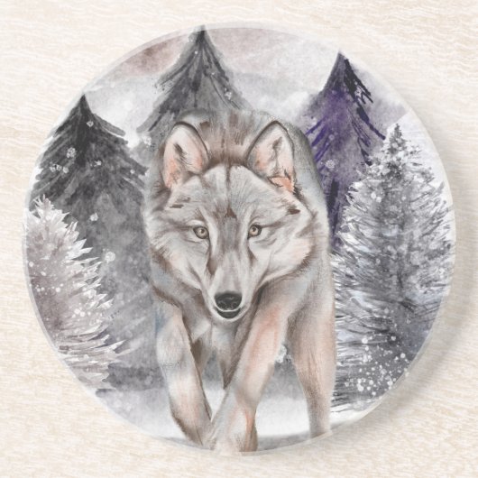 Grès Aquarelle de loup gris Dessous de verre en pierre  (Devant)