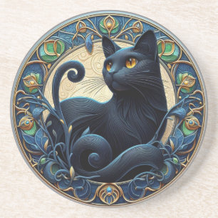 Grès Dessous de verre en pierre de chat noir Art nouvea