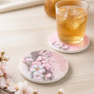 Grès Fleurs de cerisier abstraites dessous de verre en 