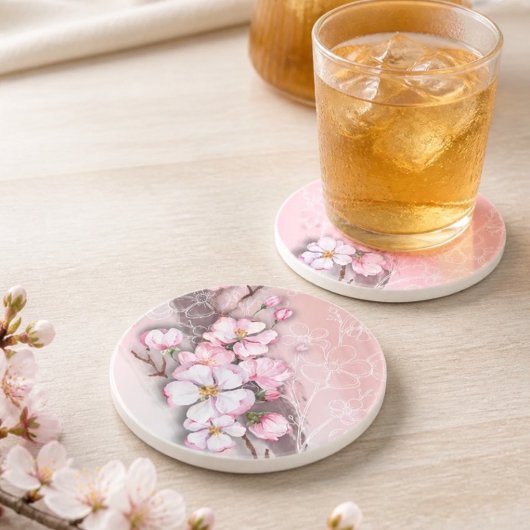Grès Fleurs de cerisier abstraites dessous de verre en