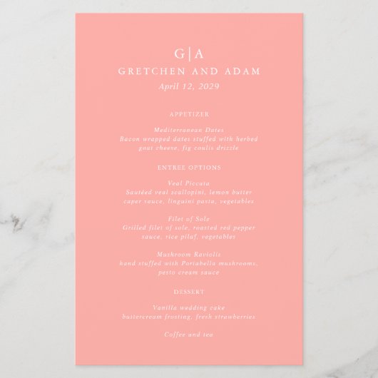 Gretchen Coral Pink Elegant Wedding Menu (Voorkant)