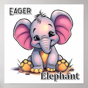 Gretige Olifant Mooie Cartoon Kinderkamer Kunst Poster