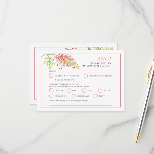 Grevillea aquarelle florale options mariage RSVP (Devant/Arrière en situation)