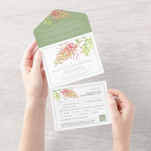 Grevillea waterverf bruiloft RSVP details groen QR All In One Uitnodiging (Afscheurbaar)