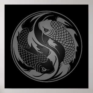 Grey and Black Yin Yang Koi Fish Poster
