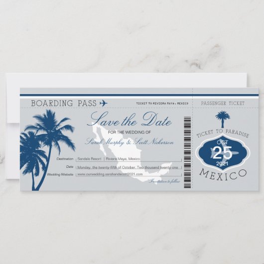 Grey and Blue Mexico Boarding Pass Save the Date (Voorkant)