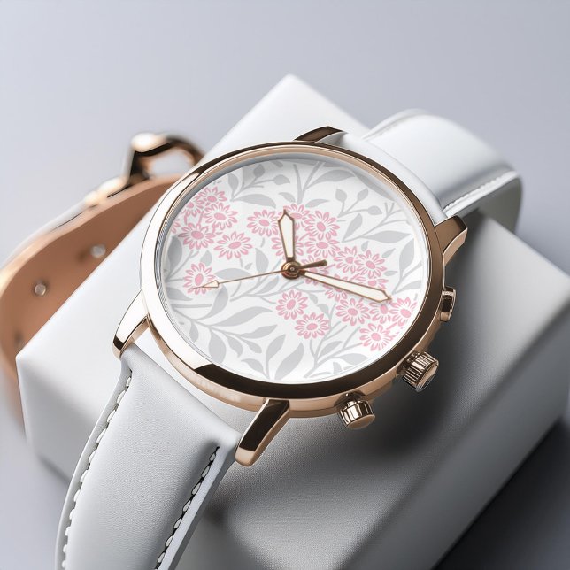 Grey and Pink Floral Damask Pattern Horloge (Creator heeft geüpload)