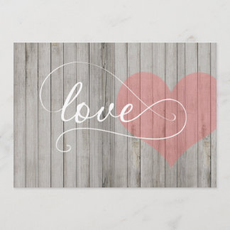 Grey and Pink Rustic Wood Heart Wedding Invite Kaart