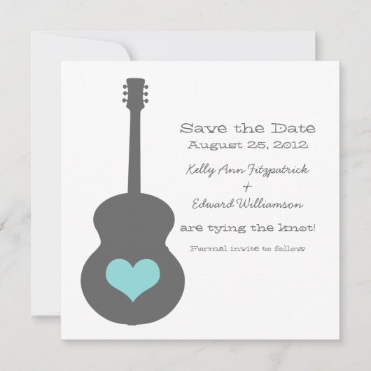 Grey/Aqua Guitar Heart Save the Date Invitation (Devant)