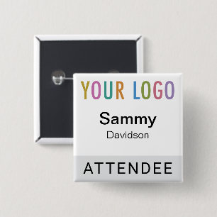 Grey Attendee Name Badge met Logo Pinback Square Vierkante Button 5,1 Cm