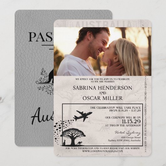 Grey Australia Passport Wedding Invitation Kaart (Voorkant / Achterkant)