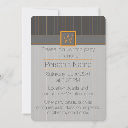 Grey avec Orange Pinstripes Party Invitation (Devant)