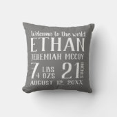 Grey Baby Boy Nursery Birth Stats Coussin (Recto)