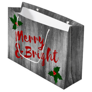 Grey Barn Wood Planks Merry & Bright Kerstmis Large Cadeauzakje