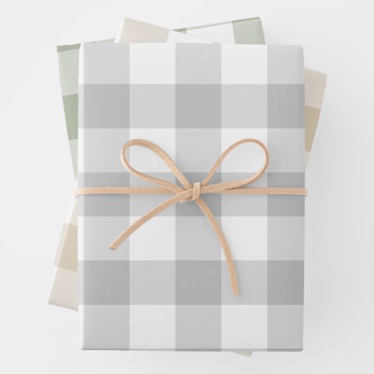 Grey Beige Sage Green Gingham Check Pset Inpakpapier Vel (In situ)