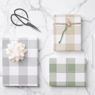 Grey Beige Sage Green Gingham Check Pset Inpakpapier Vel