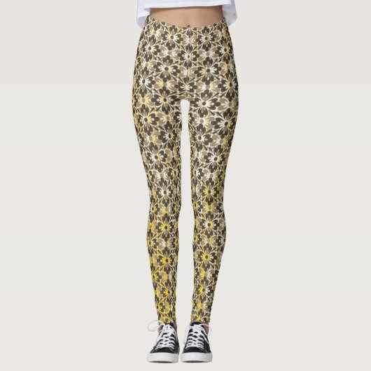 Grey, Black & Gold Patterned Flowers Leggings (Voorkant)