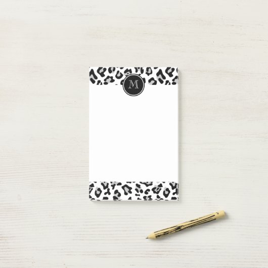 Grey Black Leopard Animal Print met Monogram Post-it® Notes (Op bureau)