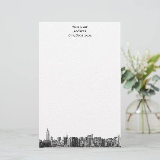 Grey Black NYC Skyline Etch 01 Stationery Briefpapier (Staand voorkant)