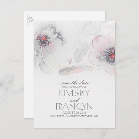 Grey Boho Floral Feather Waterverf Save the Date Aankondigingskaart (Voorkant / Achterkant)