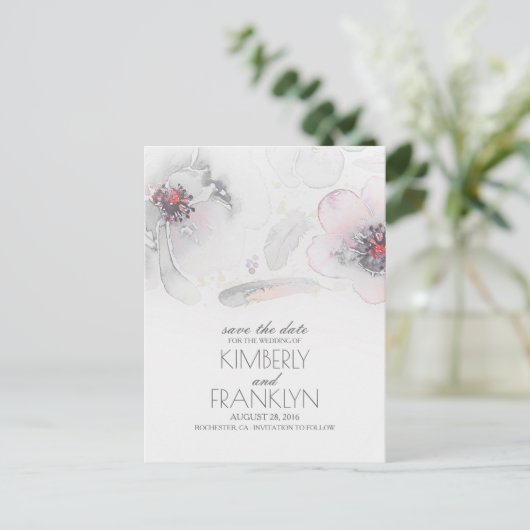 Grey Boho Floral Feather Waterverf Save the Date Aankondigingskaart (Staand voorkant)