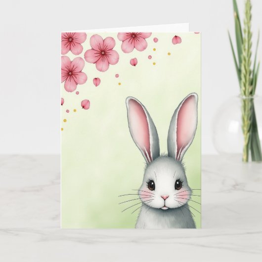 Grey Bunny Pink Petals Card Kaart (Voorkant)