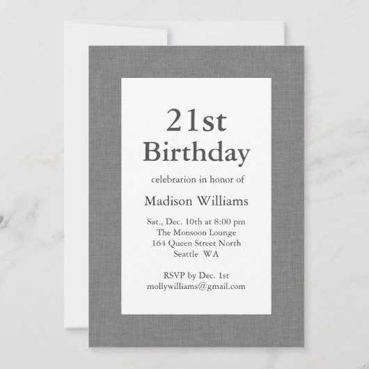 Grey Burlap Invitation 21e anniversaire (Dos)