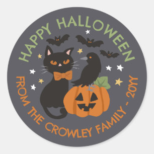 Grey Cat Pumpkin Raven Happy Halloween Ronde Sticker