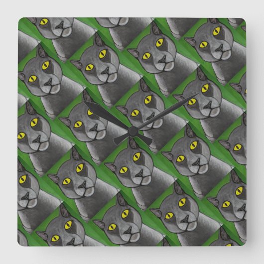 Grey Cat Wall Clock Vierkante Klok (Voorkant)