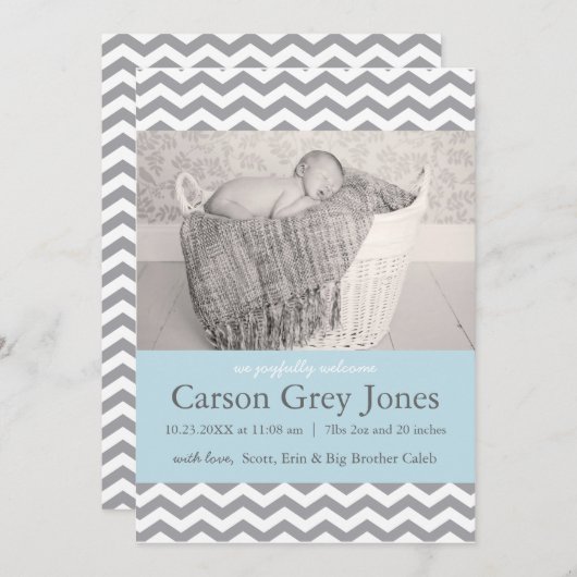 Grey Chevron | Faire-part de naissance bébé garçon (Devant / Derrière)