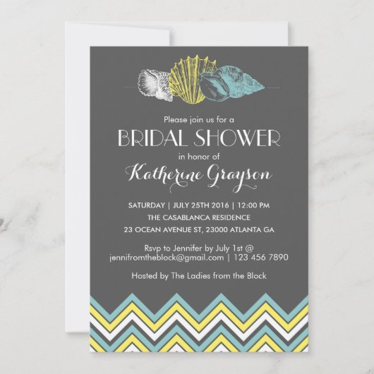 Grey Chevron Seashells Invitation de la douche nup (Devant)