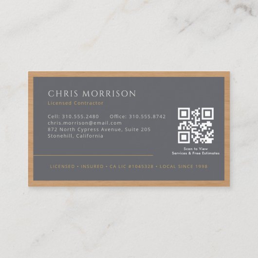 Grey Construction Professional Wood QR Code Visitekaartje (Achterkant)