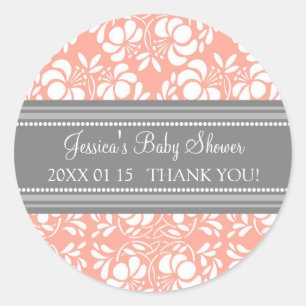 Grey Coral Damask Baby shower Favor Stickers