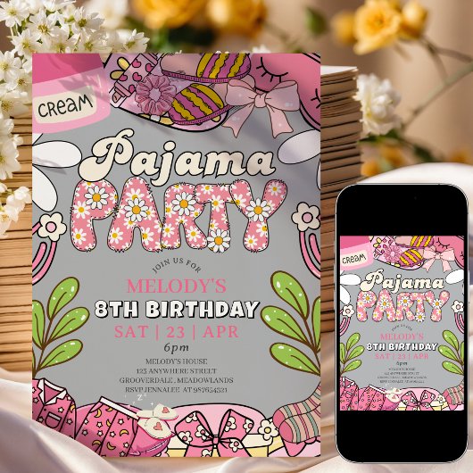 Grey Daisy Pajama Party Birthday Invitation