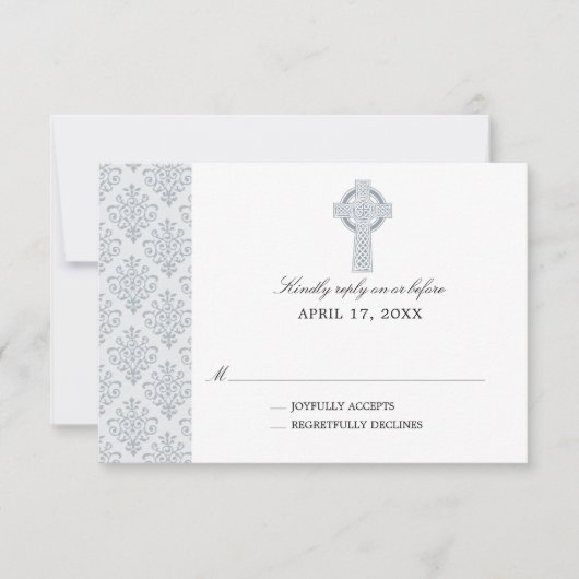 Grey Damask Celtic Cross Eerste Communie RSVP (Voorkant)