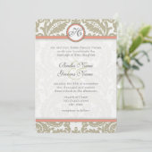 Grey Damask met Coral & Greige Wedding Kaart (Staand voorkant)