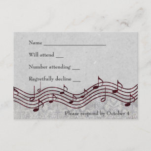 Grey Damask Red Music RSVP Kaartje