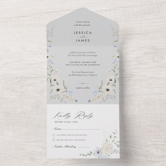 Grey | Detachable RSVP | Minimalist Wedding All In One Uitnodiging (Binnen)