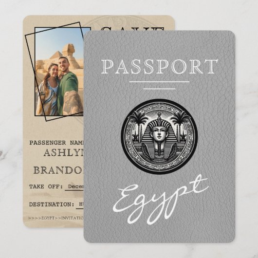 Grey Egypt Passport Wedding Save the Date (Devant / Derrière)