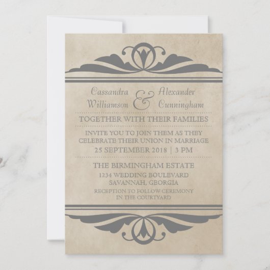 Grey Elegant Deco Wedding Invite Kaart (Voorkant)